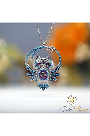 Kadın Fuşya Taşlı Nazar Boncuklu Yıldızlı Baykuş 925 Ayar Gümüş Kolye