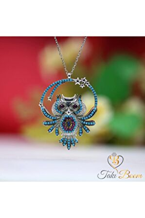 Kadın Fuşya Taşlı Nazar Boncuklu Yıldızlı Baykuş 925 Ayar Gümüş Kolye