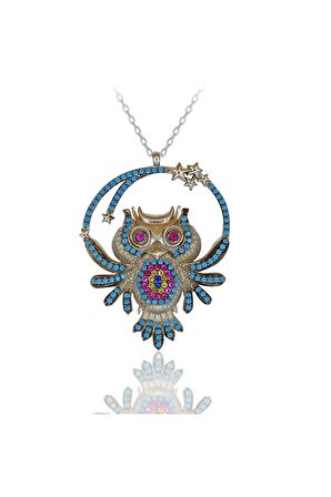 Kadın Fuşya Taşlı Nazar Boncuklu Yıldızlı Baykuş 925 Ayar Gümüş Kolye