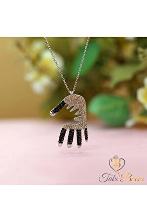 Kadın Siyah Taşlı Anne Ve Bebek Eli 925 Ayar Gümüş Kolye