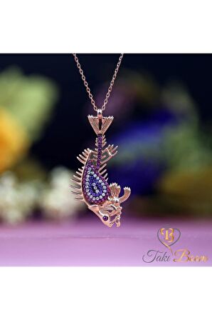 Fuşya Taşlı Nazar Boncuklu Pirana Iskeleti Kolye 925 Ayar Gümüş