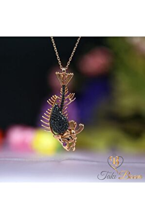 Siyah Taşlı Pirana Iskeleti Kolye 925 Ayar Gümüş