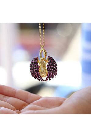 Kuğu Kolye, Kuğu Gümüş Kolye, Kırmızı Taşlı Aşık Kuğu Kolye 925 Ayar Gümüş