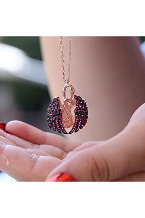 Kuğu Kolye, Kuğu Gümüş Kolye, Kırmızı Taşlı Aşık Kuğu Kolye 925 Ayar Gümüş