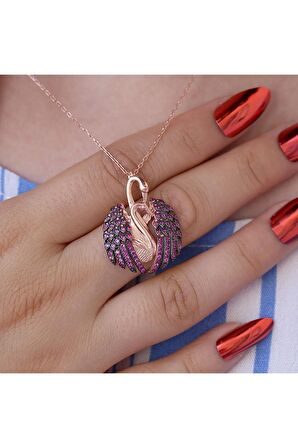 Kuğu Kolye, Kuğu Gümüş Kolye, Kırmızı Taşlı Aşık Kuğu Kolye 925 Ayar Gümüş