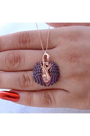 Kuğu Kolye, Kuğu Gümüş Kolye, Kırmızı Taşlı Aşık Kuğu Kolye 925 Ayar Gümüş