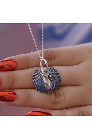 Kuğu Kolye, Kuğu Gümüş Kolye, Opal Taşlı Aşık Kuğu Kolye 925 Ayar Gümüş