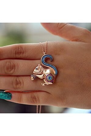 Kadın Rose Fuşya Taşlı Nazar Boncuklu Sincap 925 Ayar Gümüş Kolye