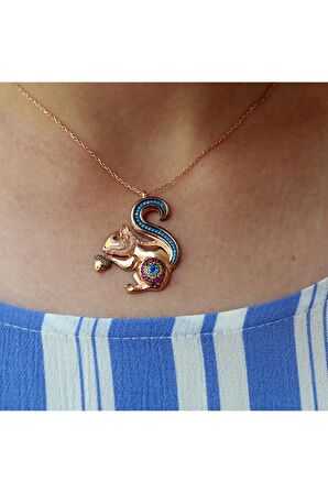 Kadın Rose Fuşya Taşlı Nazar Boncuklu Sincap 925 Ayar Gümüş Kolye