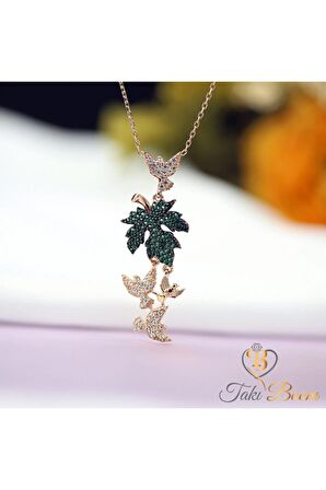 Kadın Rose Çınar Yaprağı Kuşlu 925 Ayar Gümüş Kolye