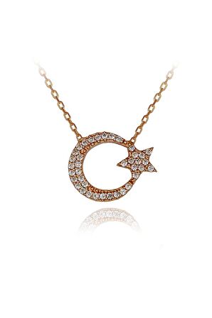 Kadın Rose Beyaz Taşlı Ay Yıldız 925 Ayar Gümüş Kolye