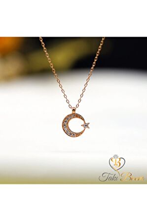Kadın Rose Beyaz Taşlı Minik Ay Yıldız 925 Ayar Gümüş Kolye