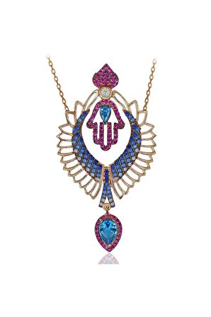 Kadın Rose Opal Taşlı Kanatlı Fatma Eli 925 Ayar Gümüş Kolye