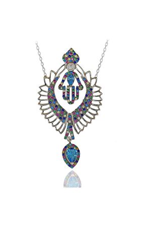 Kadın Miks Taşlı Kanatlı Fatma Eli 925 Ayar Gümüş Kolye