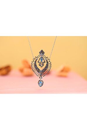 Kadın Miks Taşlı Kanatlı Fatma Eli 925 Ayar Gümüş Kolye