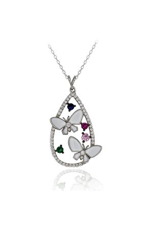 Beyaz Mineli Kelebek 925 Ayar Gümüş Kolye