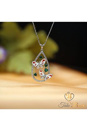 Kadın Kırmızı Beyaz Mineli Kelebek 925 Ayar Gümüş Kolye