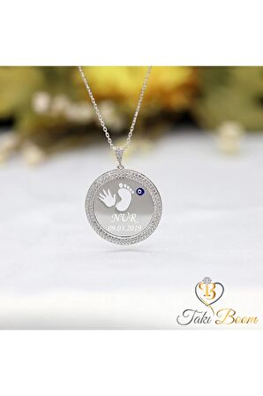 Kadın Beyaz Taşlı 925 Ayar Gümüş Plaka El Ayak Kolye