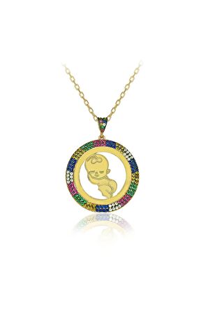 Kadın Rengarenk Taşlı 925 Ayar Gümüş Yeni Doğan Bebek Kolye