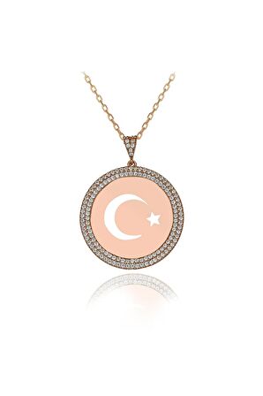 Kadın Rose Beyaz Taşlı 925 Ayar Gümüş Plaka Ay Yıldız Gümüş Kolye