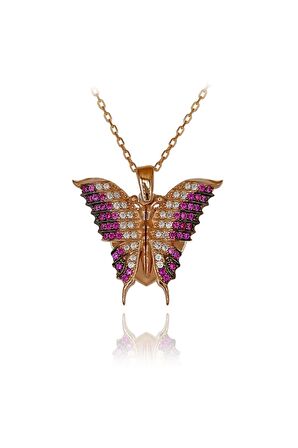 Kadın Fuşya Beyaz Taşlı Kalpli Kelebek 925 Ayar Gümüş Kolye