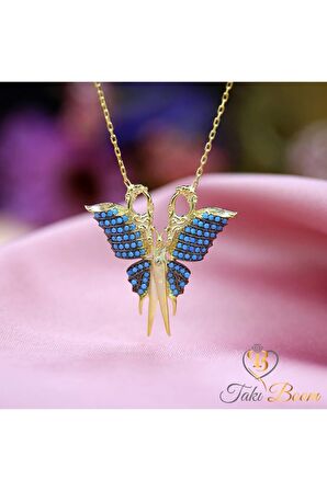 Kadın Turkuaz Taşlı Kelebekli Söz Makası 925 Ayar Gümüş Kolye