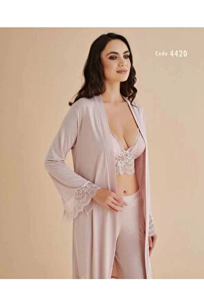 Kadın Pudra  Pamuklu Gecelik Sabahlık Set