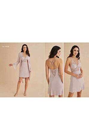 Kadın Pudra  Pamuklu Gecelik Sabahlık Set