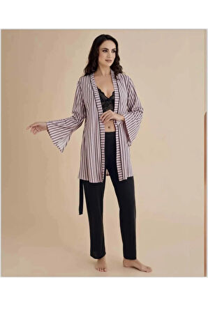 Kadın Üçlü Takım Büstiyerli Dantel Detaylı Pijama Takımı  R.O.Z.1.3.1.2.E.L.T