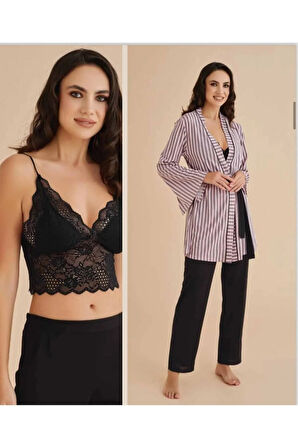 Kadın Üçlü Takım Büstiyerli Dantel Detaylı Pijama Takımı  R.O.Z.1.3.1.2.E.L.T