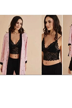 Kadın Üçlü Takım Büstiyerli Dantel Detaylı Pijama Takımı