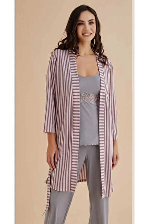 Kadın Gri  Üçlü Takım Sabahlıklı  Penye Dantel Detaylı Pijama Takımı