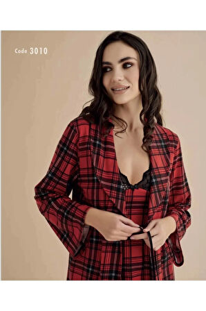 Kırmızı Siyah Üçlü Pijama  Takım Penye