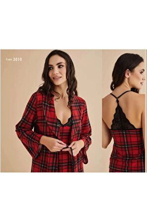 Kırmızı Siyah Üçlü Pijama  Takım Penye