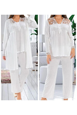 Lohusa Hamile 3 Parça Sabahlıklı Ekru Pijama Takımı 1ROZELT001