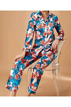 Kadın Ekru  Desenli Önden Düğmeli Saten Pijama Takımı N.UR.5.6.R.O.5.4.Z.E.L.T.
