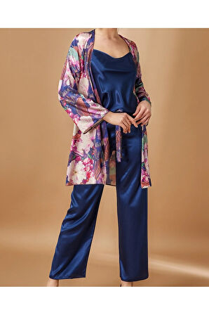 Kadın Lacivert  Sabahlıklı  Saten Pijama Takımı N.UR.5.9.R.O.5.1.Z.E.L.T.