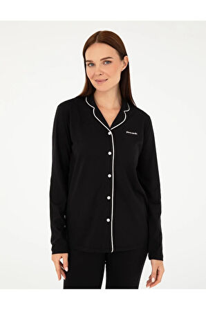 Kadın Siyah Modal & Pamuklu, Uzun Kollu, Önden Düğmeli, Kadın Pijama Takımı 1 Çift Çorap Hediye