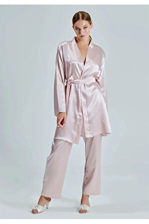 Kadın Pudra Saten Çeyiz Seti 6 Parça Dantelli Sabahlık Gecelik Pijama Şortlu Takım  R.8.O.6.Z.2.E.0T