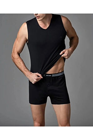 Erkek Siyah  V Yaka  2 Li Pamuklu Kolsuz Tshirt