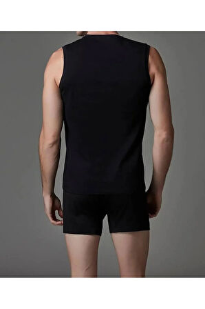 Erkek Siyah  V Yaka  2 Li Pamuklu Kolsuz Tshirt