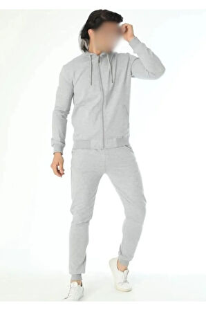 Erkek Bağcıklı Yaka Kapüşonlu Erkek Gri Eşofman Takımı 1ROZELT454