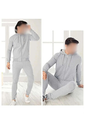 Erkek Bağcıklı Yaka Kapüşonlu Erkek Gri Eşofman Takımı 1ROZELT454