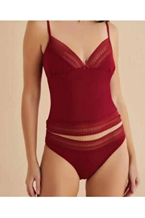 Kadın Bordo Dantel Detaylı Penye Atlet Kaşkorse Seti 6ROZELT00