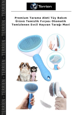 Premium Tarama Aleti Tüy Bakım Ürünü Temizlik Fırçası Otomatik Temizlenen Evcil Hayvan Tarağı Mavi