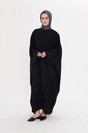 Siyah Yarasa Kol Oversize Medine İpeği Arkası Düğmeli Düz Elbise 4001_01