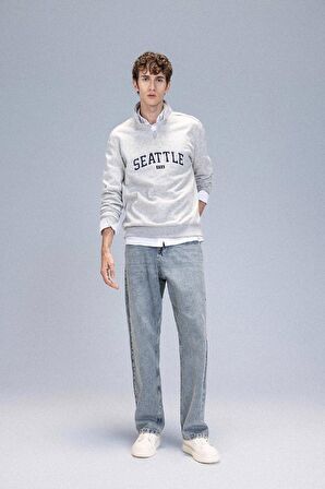 Relax Fit Fermuarlı Dik Yaka Baskılı Kalın Sweatshirt Kumaşı Sweatshirt