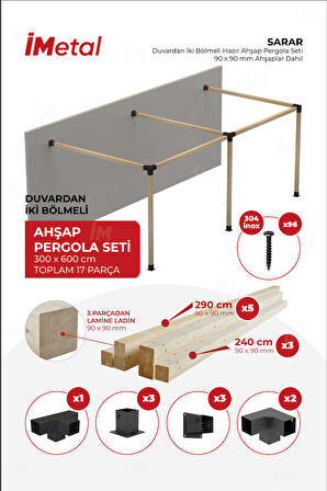İmetal Sarar Duvardan İki Bölümlü Hazır Ahşap Pergola Seti 90x90 mm Ahşaplar Dahil