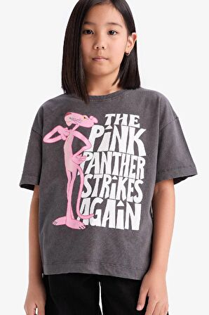 Kız Çocuk Pink Panther Oversize Geniş Kalıp Bisiklet Yaka Kısa Kollu Tişört