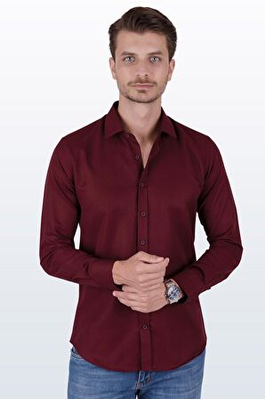 Koyu Bordo Baklava Desenli Slimfit Gömlek
